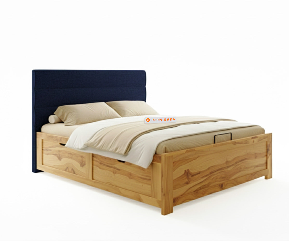 Niva Real Teak Wood Hydraulic Bed King Size Persian Blue - Furnishka 