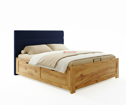 Niva Real Teak Wood Hydraulic Bed King Size Persian Blue - Furnishka 