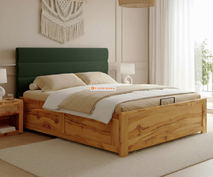 Niva Real Teak Wood Hydraulic Bed King Size Pine Green - Furnishka 