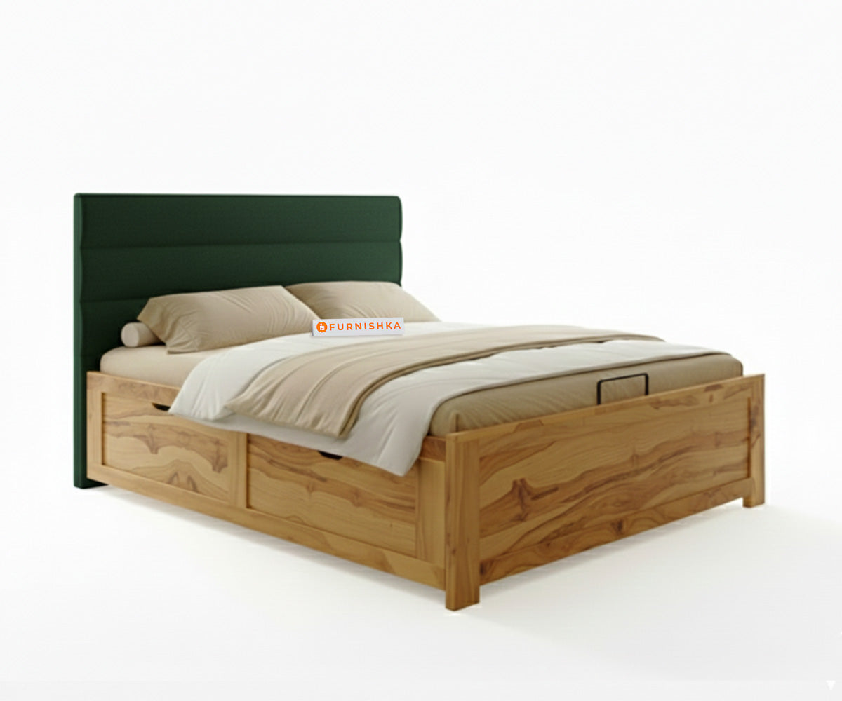 Niva Real Teak Wood Hydraulic Bed King Size Pine Green - Furnishka 