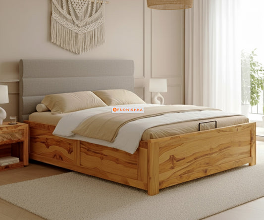 Niva Real Teak Wood Hydraulic Bed King Size Space Grey - Furnishka