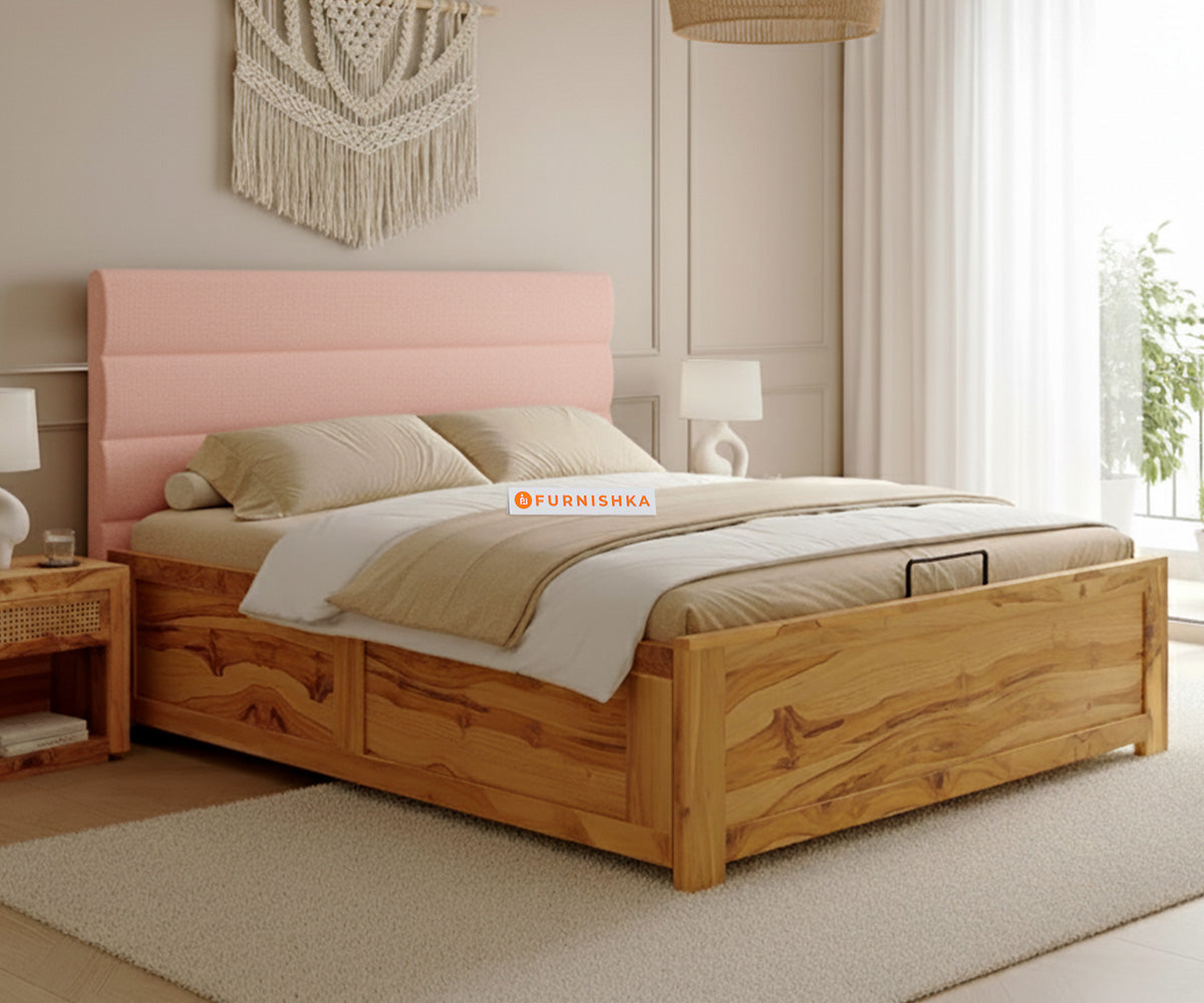 Niva Real Teak Wood Hydraulic Bed Queen Size Flamingo Pink - Furnishka 