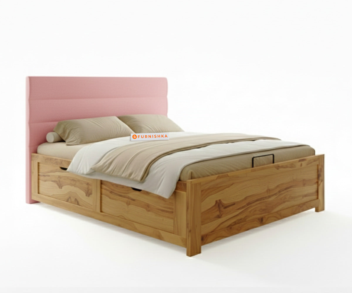 Niva Real Teak Wood Hydraulic Bed Queen Size Flamingo Pink - Furnishka 