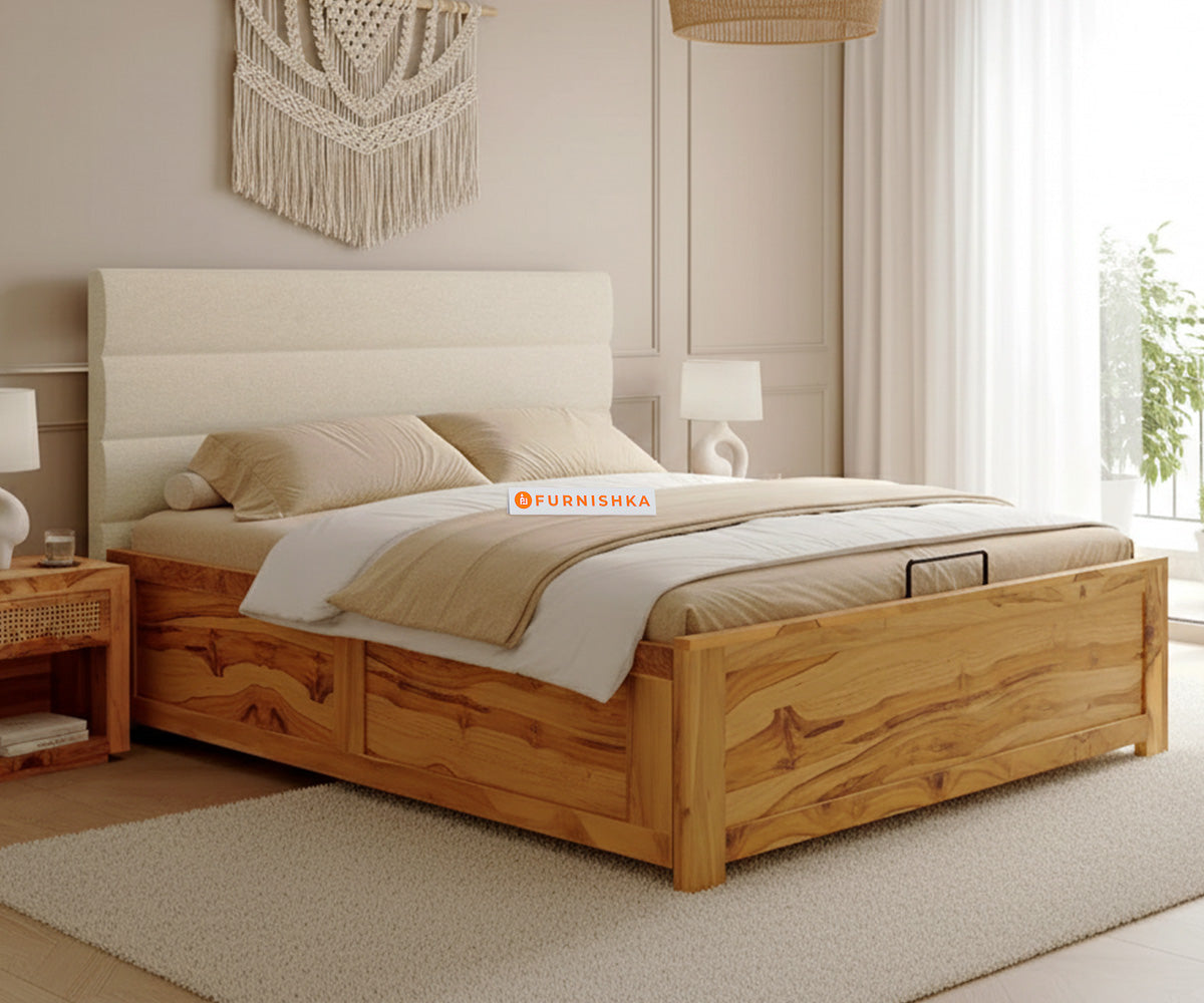 Niva Real Teak Wood Hydraulic Bed Queen Size Light Beige - Furnishka 