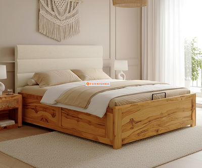 Niva Real Teak Wood Hydraulic Bed Queen Size Light Beige