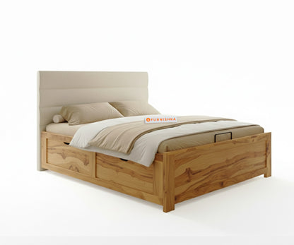 Niva Real Teak Wood Hydraulic Bed Queen Size Light Beige - Furnishka 