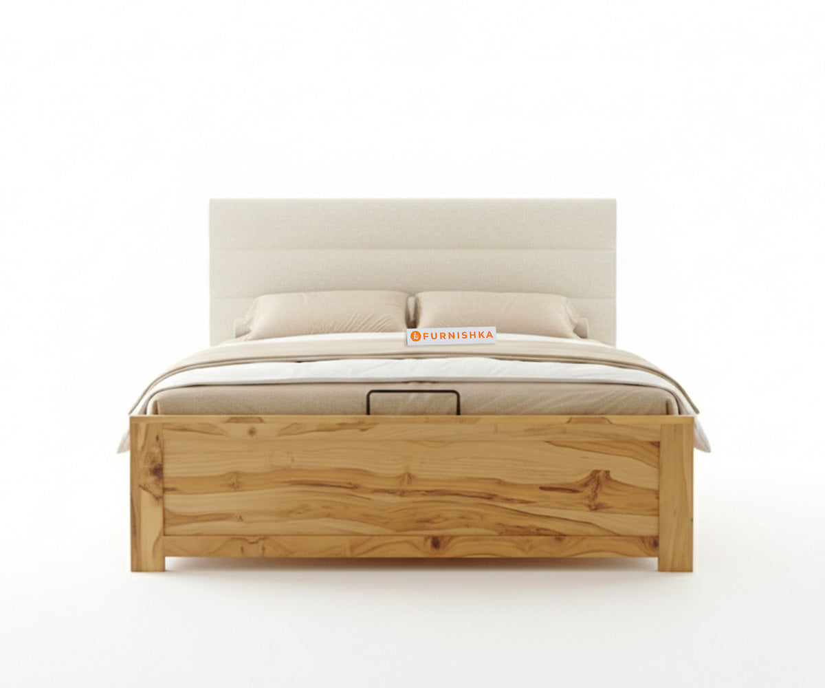 Niva Real Teak Wood Hydraulic Bed Queen Size Light Beige - Furnishka 