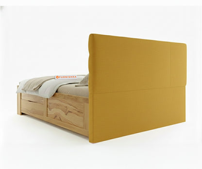 Niva Real Teak Wood Hydraulic Bed Queen Size Mustard Yellow - Furnishka 