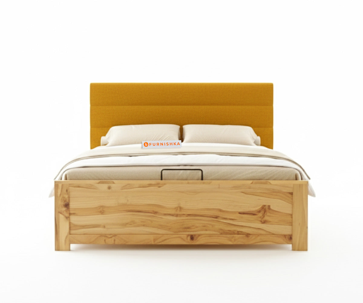 Niva Real Teak Wood Hydraulic Bed Queen Size Mustard Yellow - Furnishka 