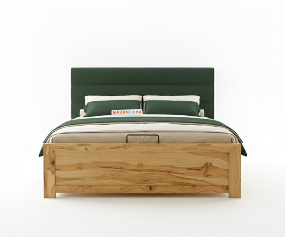Niva Real Teak Wood Hydraulic Bed Queen Size Pine Green - Furnishka 