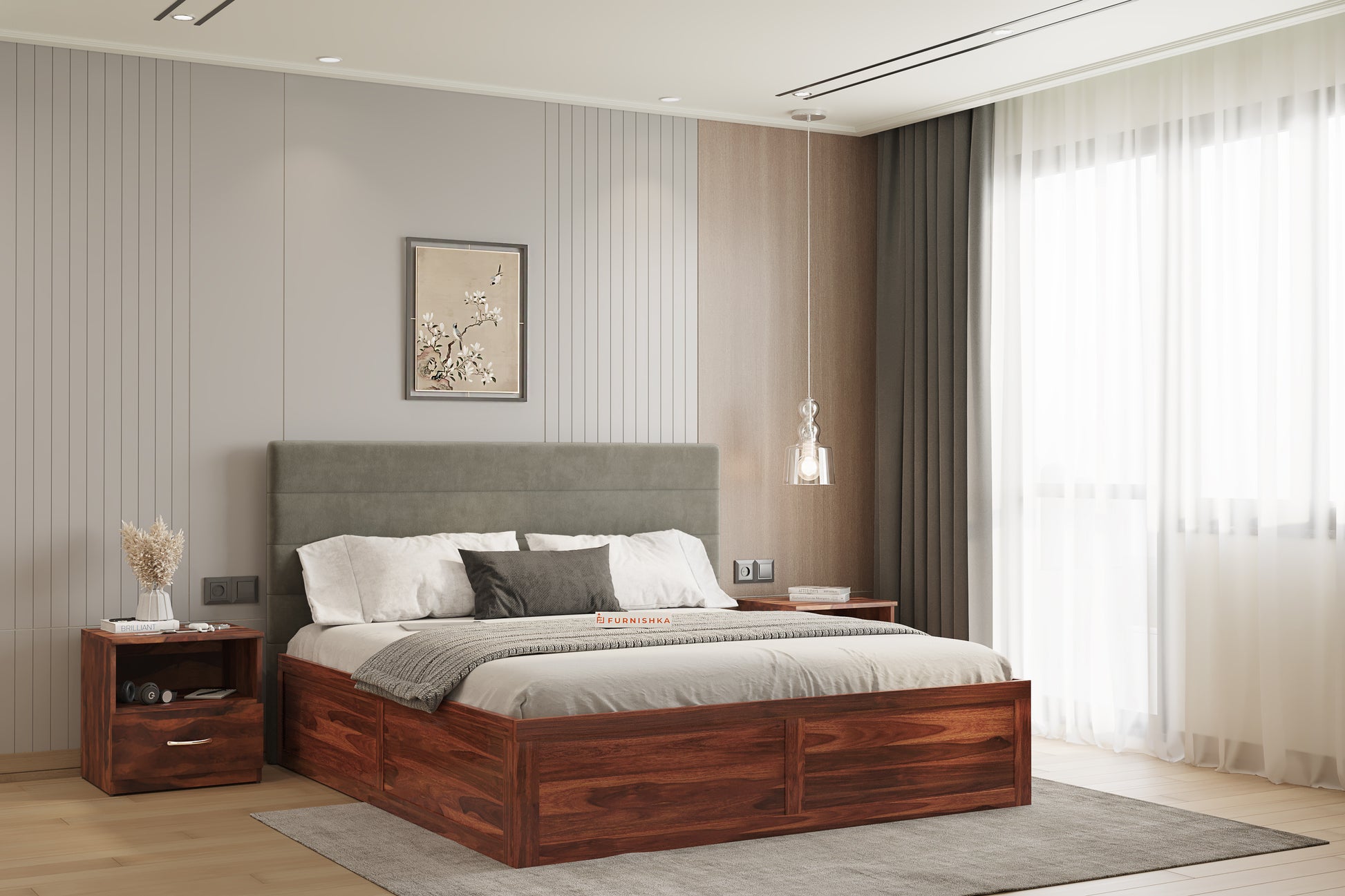Niva Sheesham Wood bed with Upholstered headboard Box Storage King Size - Furnishka 