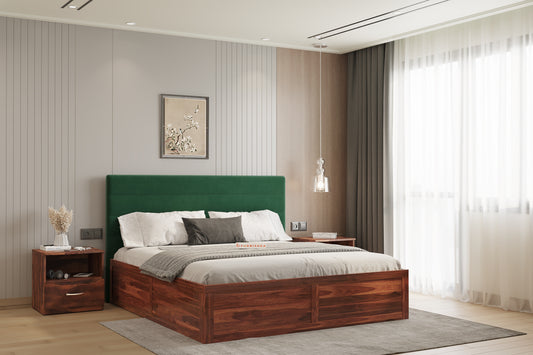 Niva Sheesham Wood bed with Upholstered headboard Box Storage King Size - Furnishka 
