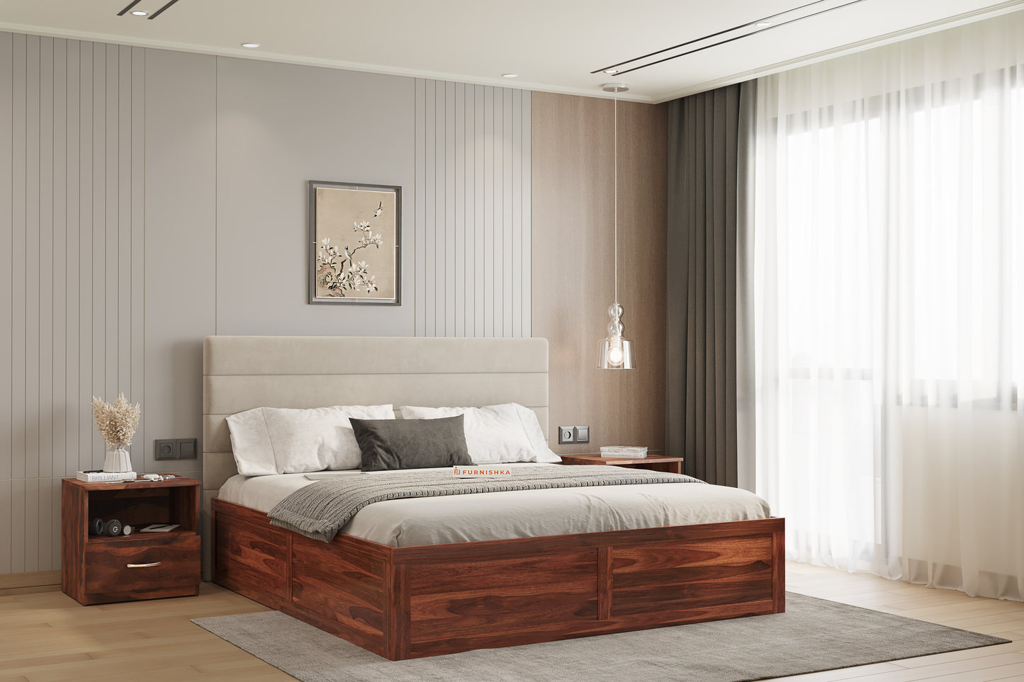 Niva Sheesham Wood bed with Upholstered headboard Box Storage King Size - Furnishka 
