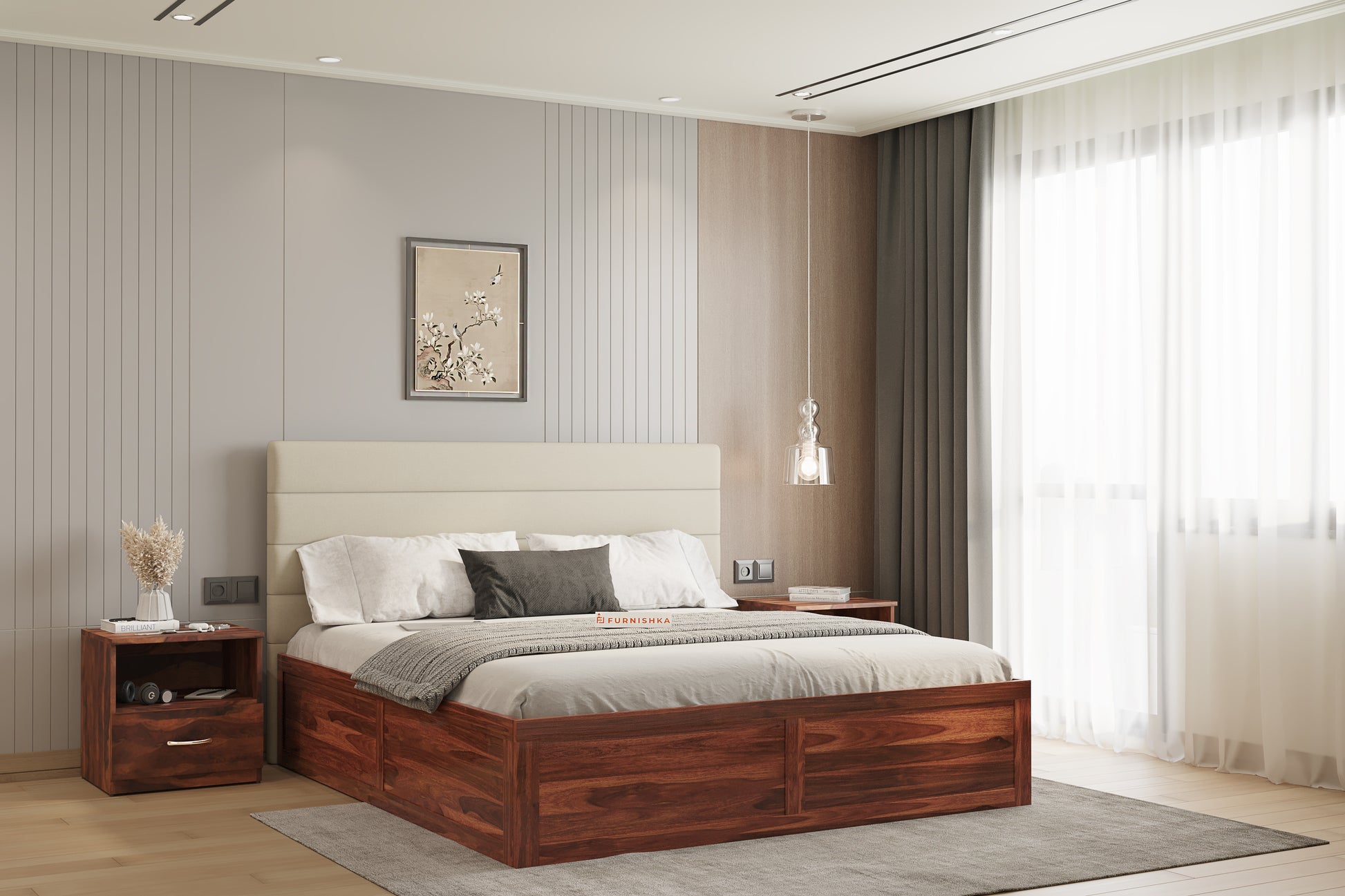 Niva Sheesham Wood bed with Upholstered headboard Box Storage King Size - Furnishka 