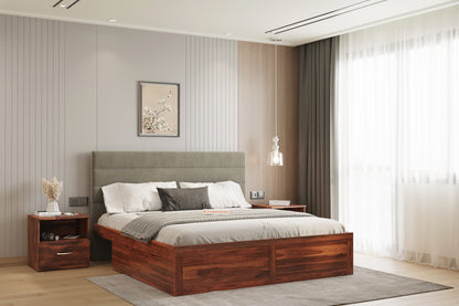 Niva Sheesham Wood bed with Upholstered headboard Drawer Storge Queen Size - Furnishka 