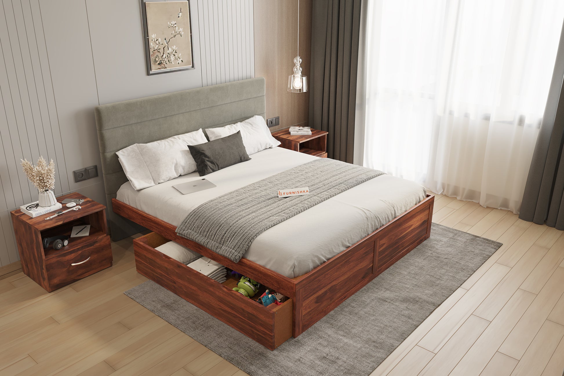 Niva Sheesham Wood bed with Upholstered headboard Drawer Storge Queen Size - Furnishka 