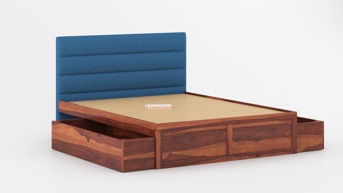 Niva Sheesham Wood bed with Upholstered headboard Drawer Storge King Size - Furnishka 