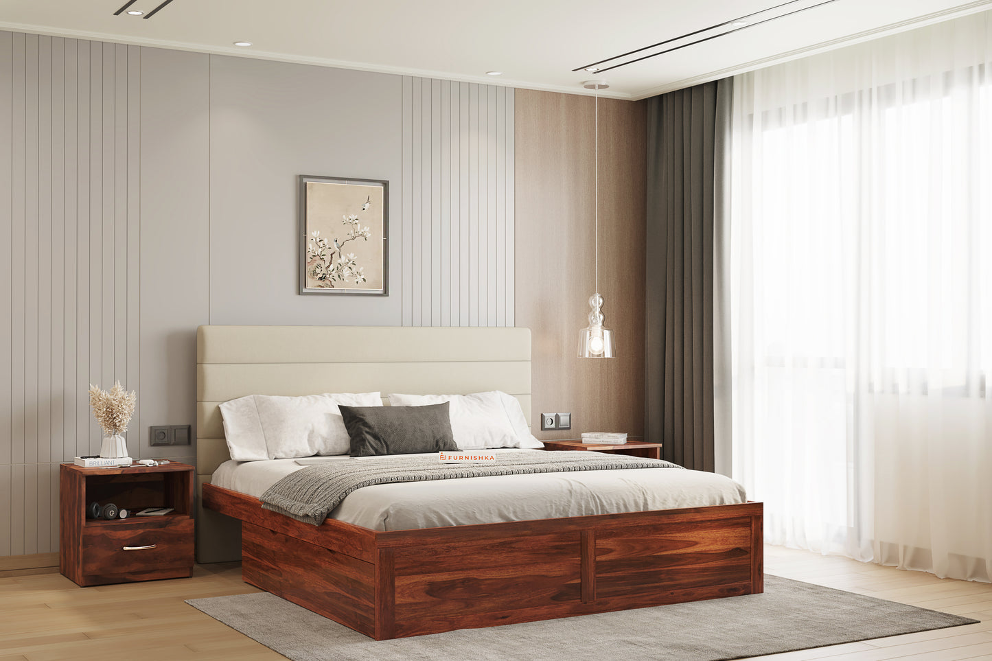 Niva Sheesham Wood bed with Upholstered headboard Drawer Storge King Size - Furnishka 