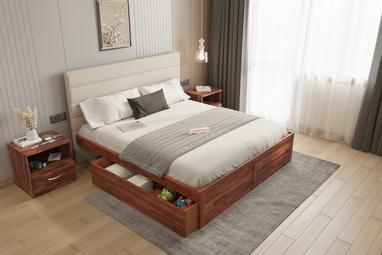 Niva Sheesham Wood bed with Upholstered headboard Drawer Storge King Size - Furnishka 