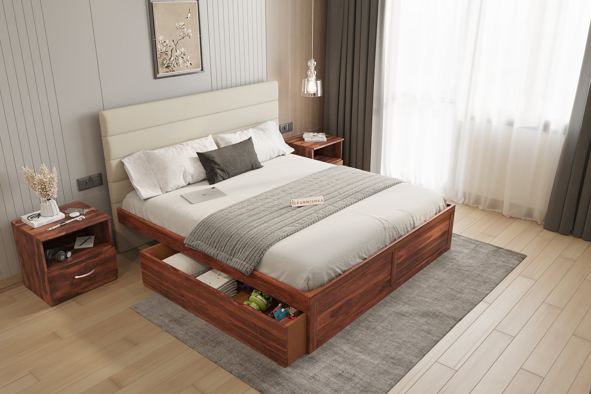 Niva Sheesham Wood bed with Upholstered headboard Drawer Storge King Size - Furnishka 