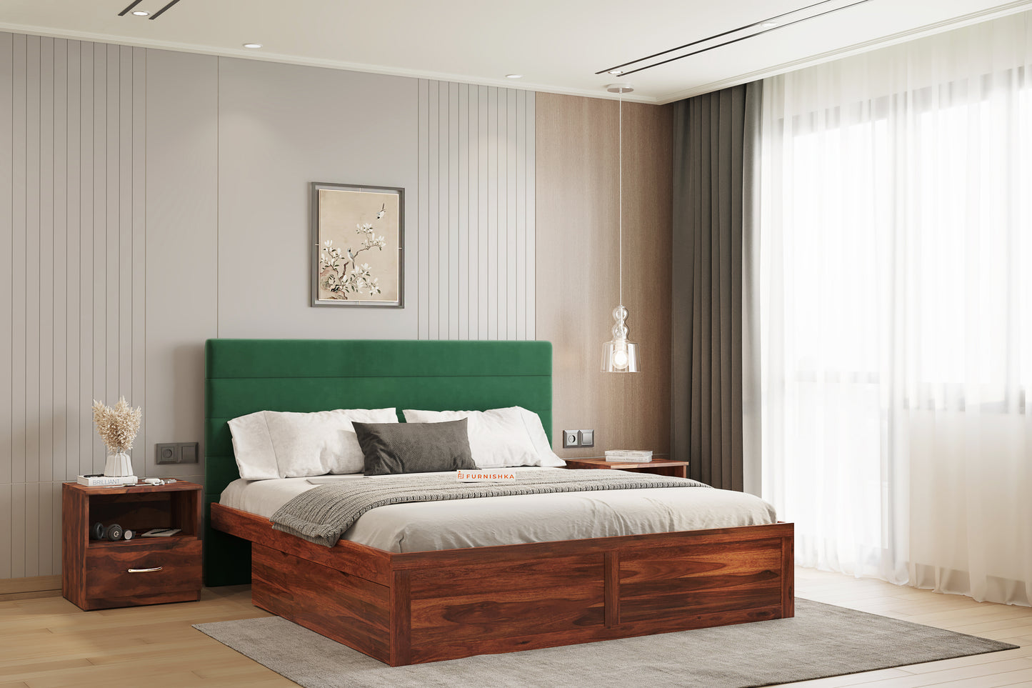 Niva Sheesham Wood bed with Upholstered headboard Drawer Storge King Size - Furnishka 