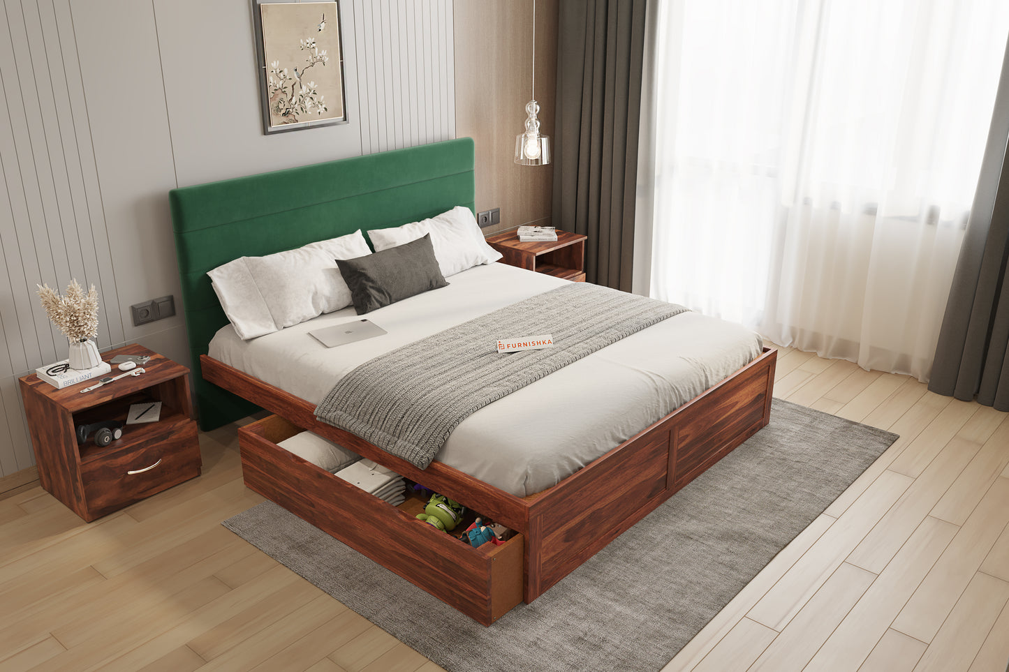Niva Sheesham Wood bed with Upholstered headboard Drawer Storge King Size - Furnishka 