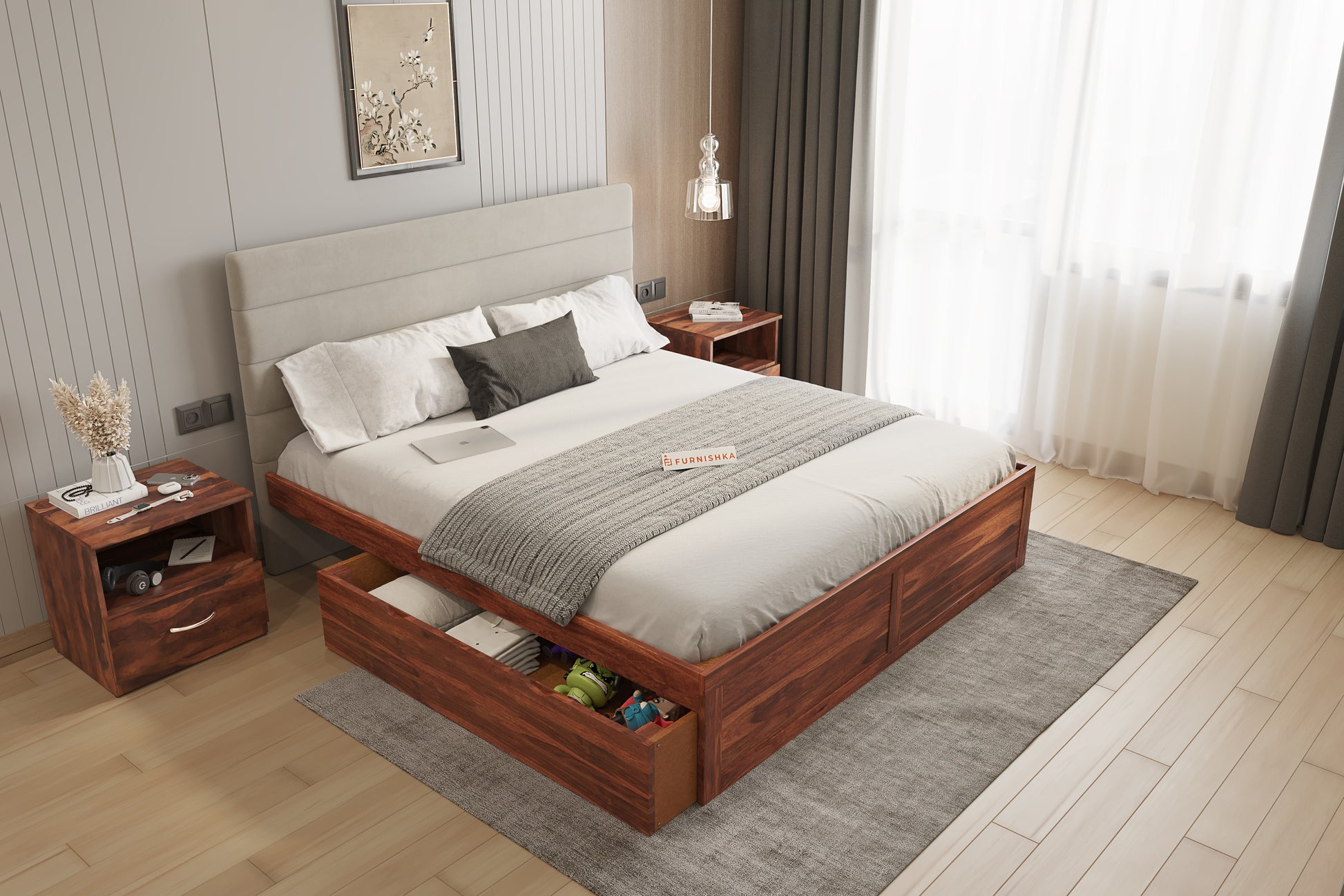 Niva Sheesham Wood bed with Upholstered headboard Drawer Storge King Size - Furnishka 