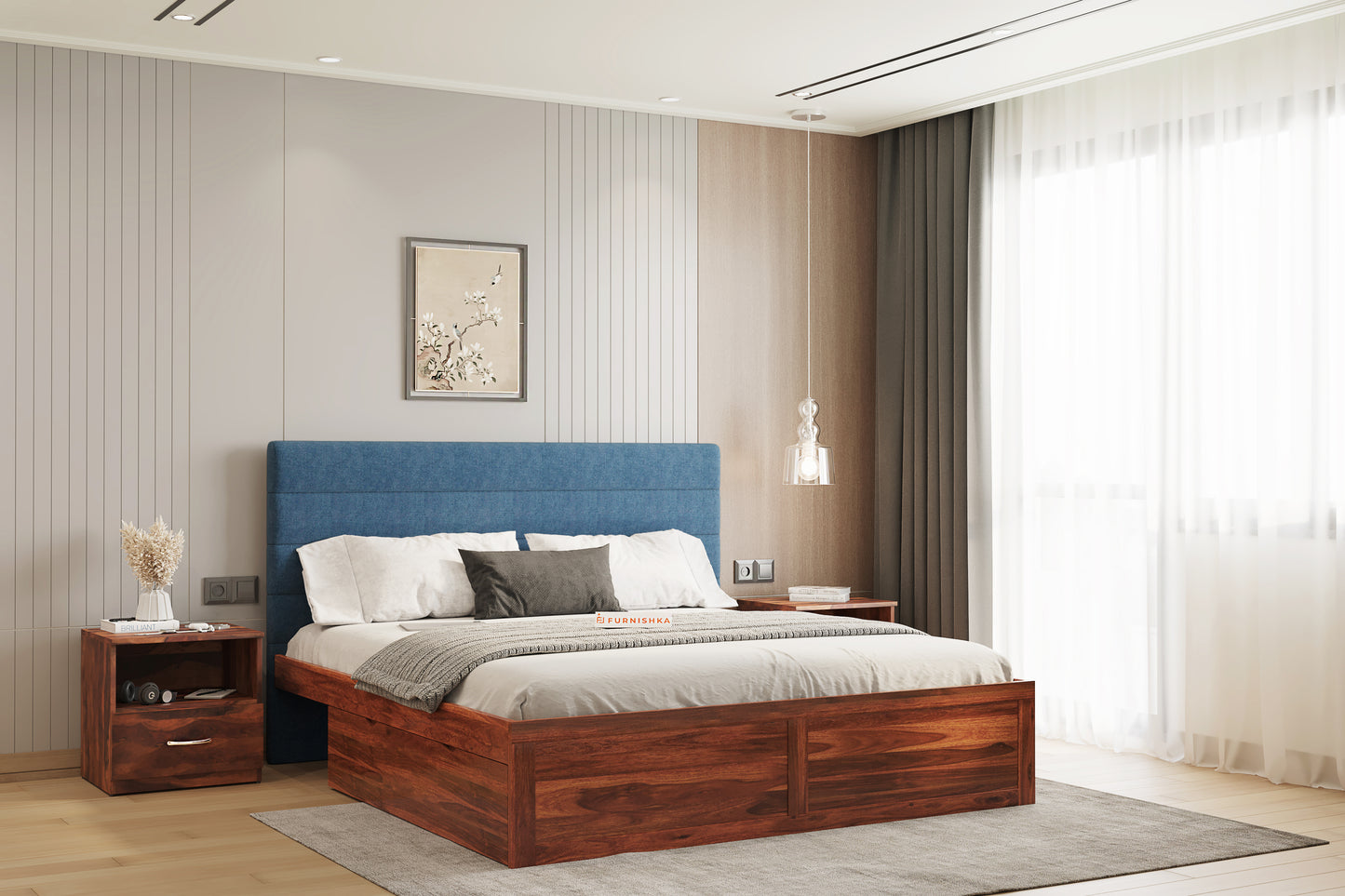 Niva Sheesham Wood bed with Upholstered headboard Drawer Storge King Size - Furnishka 