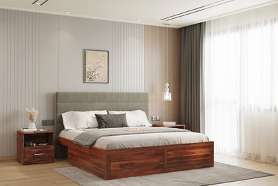 Niva Sheesham Wood bed with Upholstered headboard Drawer Storge King Size