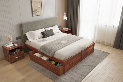 Niva Sheesham Wood bed with Upholstered headboard Drawer Storge Queen Size - Furnishka 