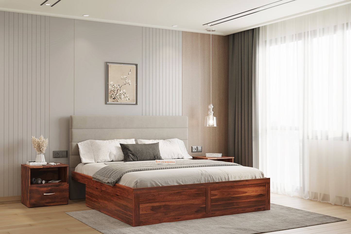 Niva Sheesham Wood bed with Upholstered headboard Drawer Storge King Size - Furnishka 