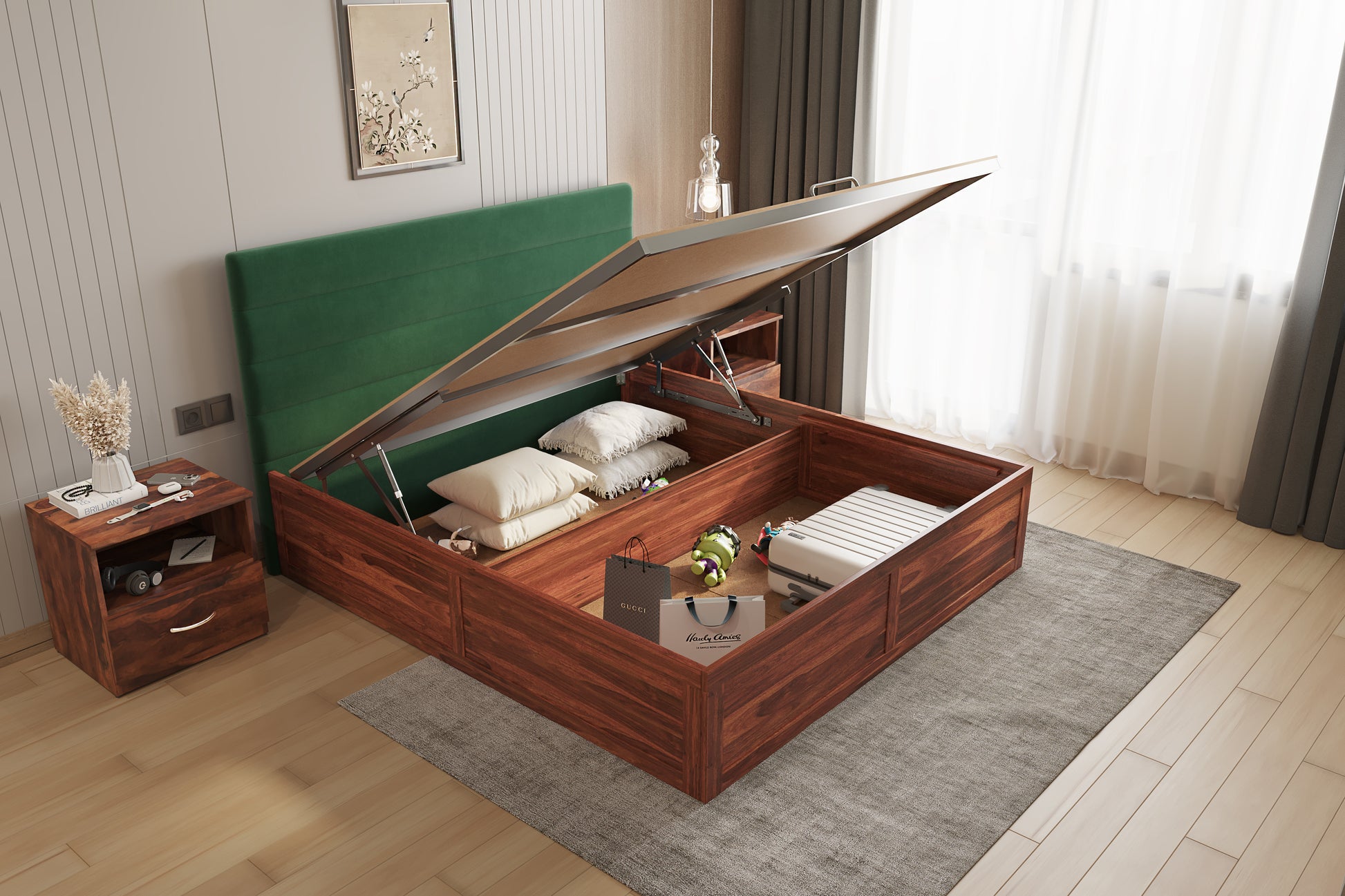 Niva Sheesham Wood bed with Upholstered headboard Hydraulic Storage King Size - Furnishka 