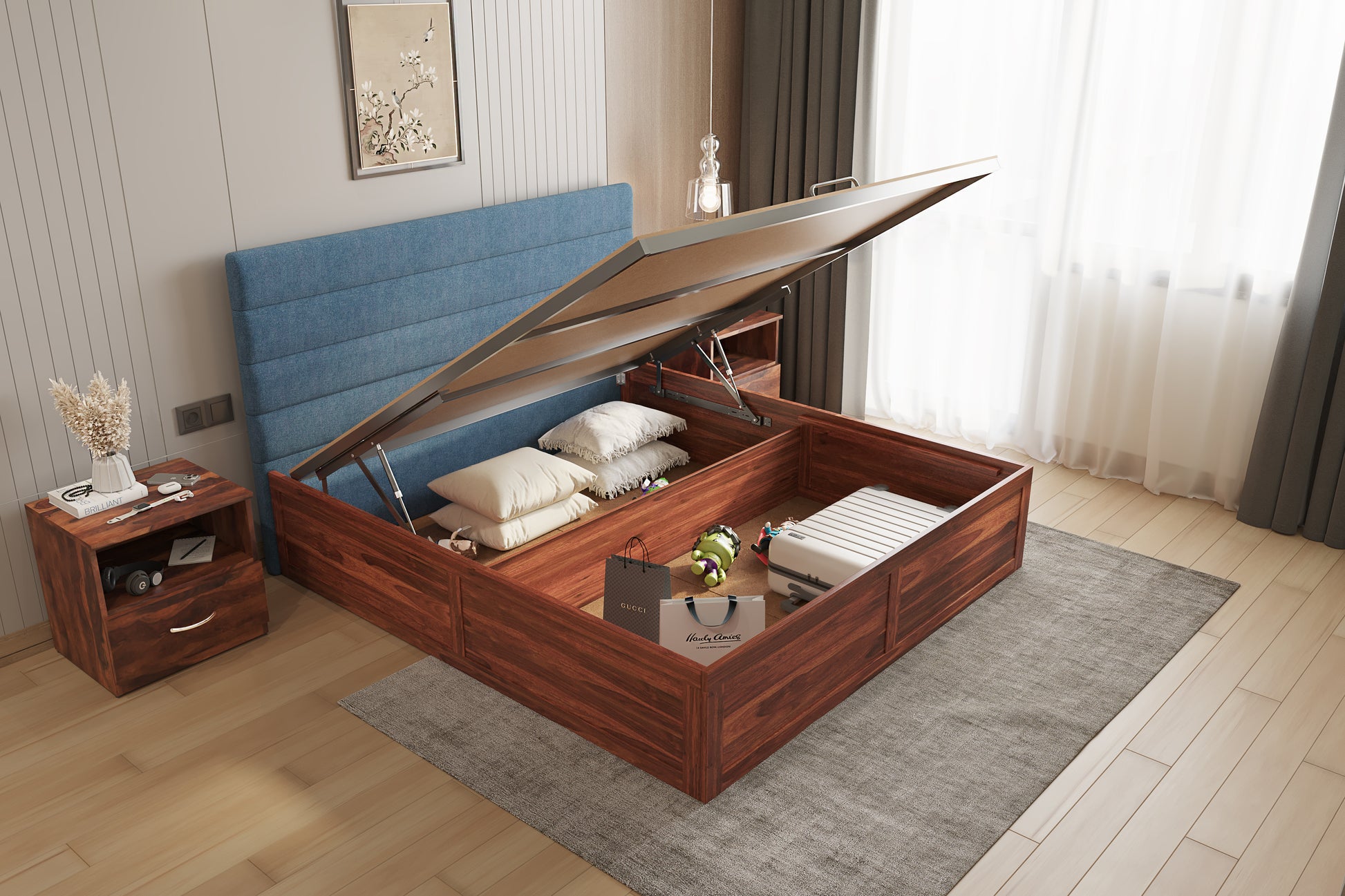 Niva Sheesham Wood bed with Upholstered headboard Hydraulic Storage King Size - Furnishka 