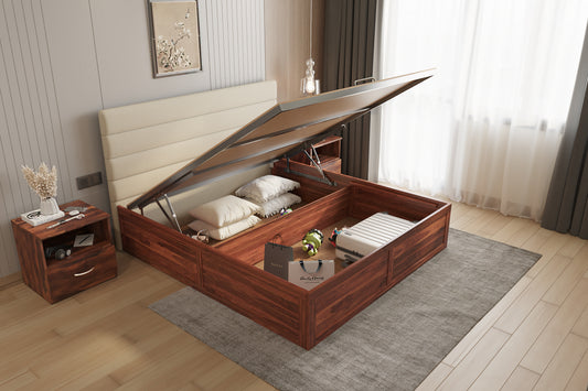 Niva Sheesham Wood bed with Upholstered headboard Hydraulic Storage King Size - Furnishka