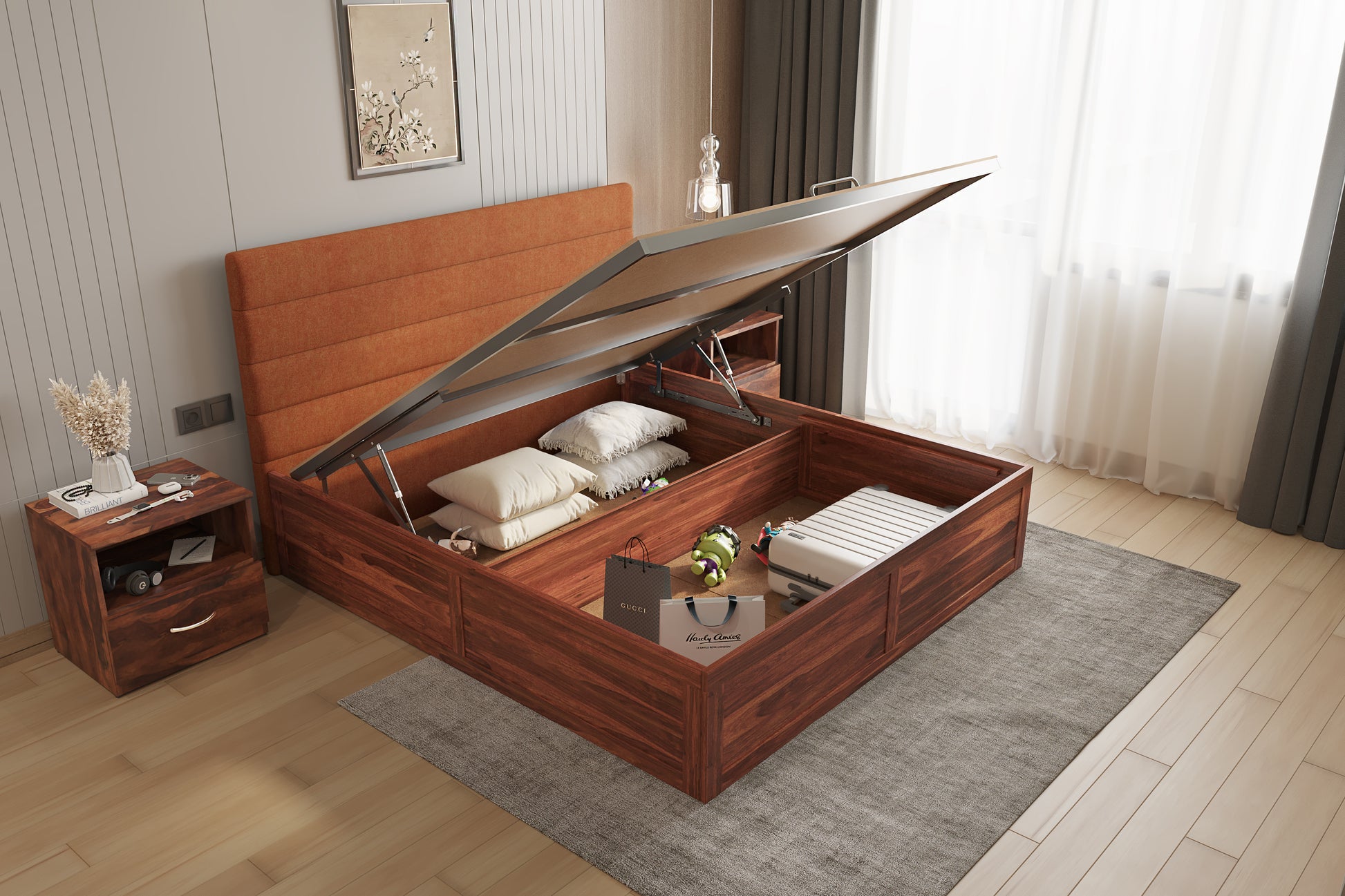 Niva Sheesham Wood bed with Upholstered headboard Hydraulic Storage Queen Size - Furnishka