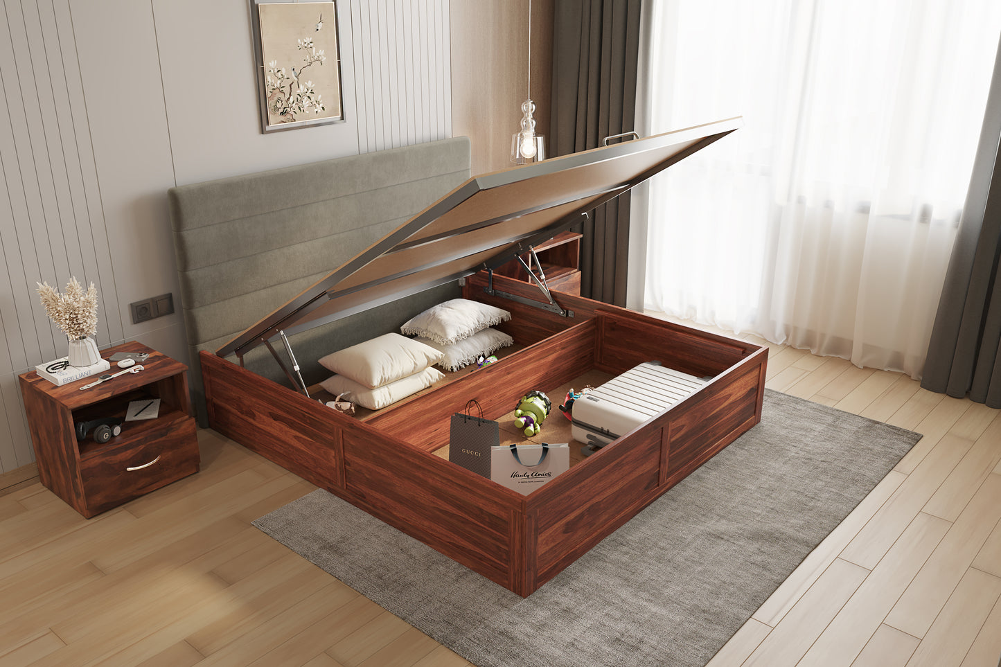Niva Sheesham Wood bed with Upholstered headboard Hydraulic Storage King Size - Furnishka 