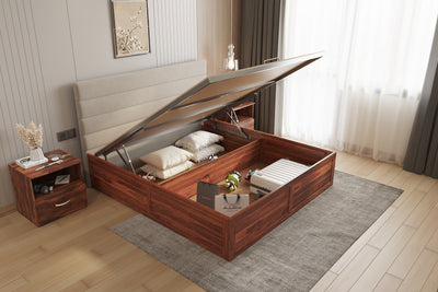 Niva Sheesham Wood bed with Upholstered headboard Hydraulic Storage Queen Size