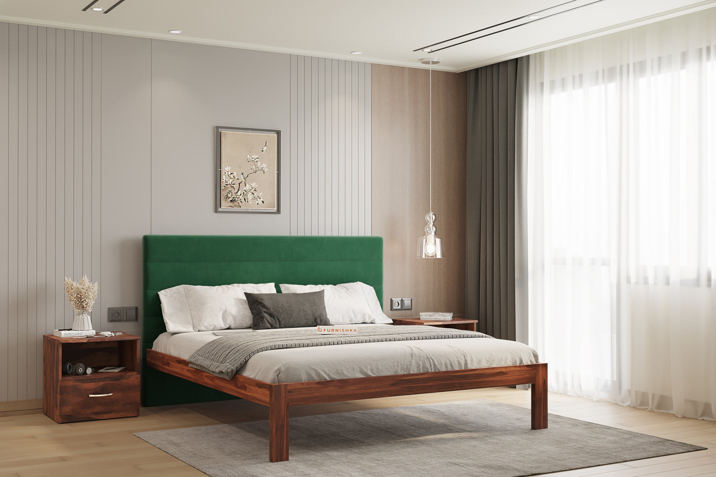 Niva Sheesham Wood bed with Upholstered headboard Non Storage King Size - Furnishka 