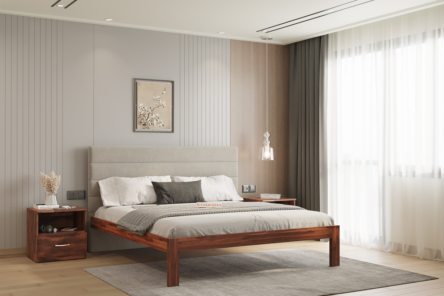 Niva Sheesham Wood bed with Upholstered headboard Non Storage King Size - Furnishka 