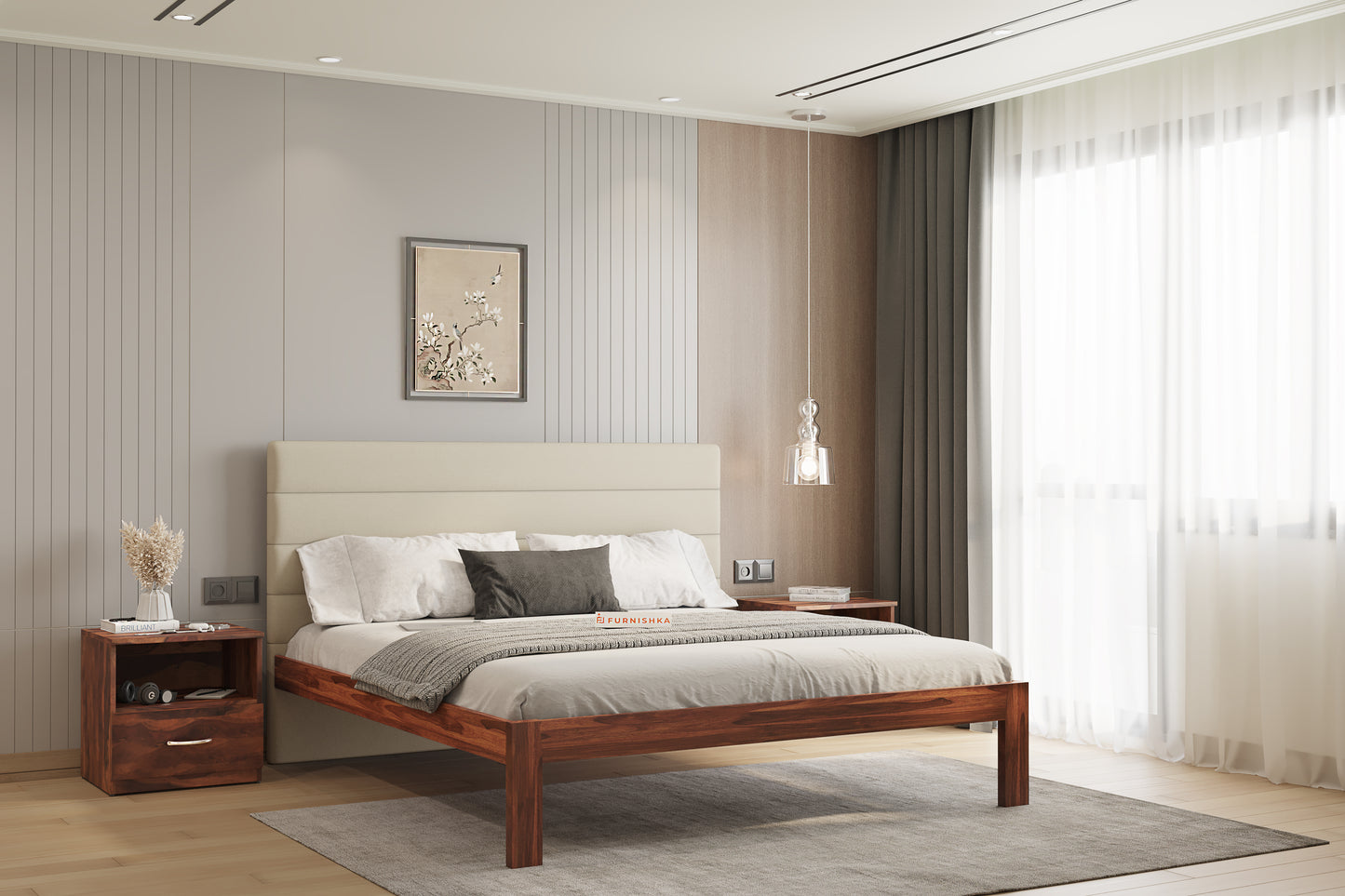 Niva Sheesham Wood bed with Upholstered headboard Non Storage King Size - Furnishka 