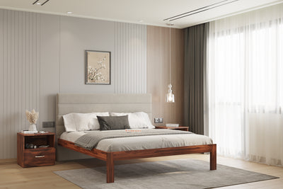 Niva Sheesham Wood bed with Upholstered headboard Non Storage Queen Size
