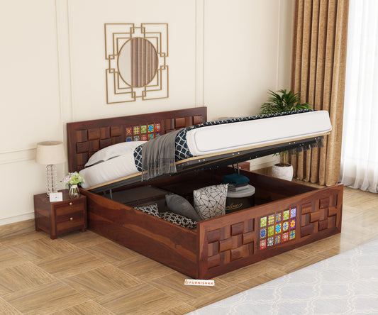 Niwar Sheesham Wood Bed Hydraulic Storage - Queen Size - Furnishka