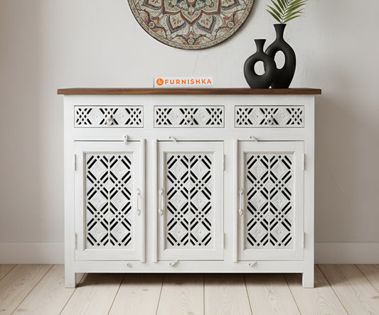 Nordic Geo Carved Cabinet Triple Door Distressed - Furnishka 