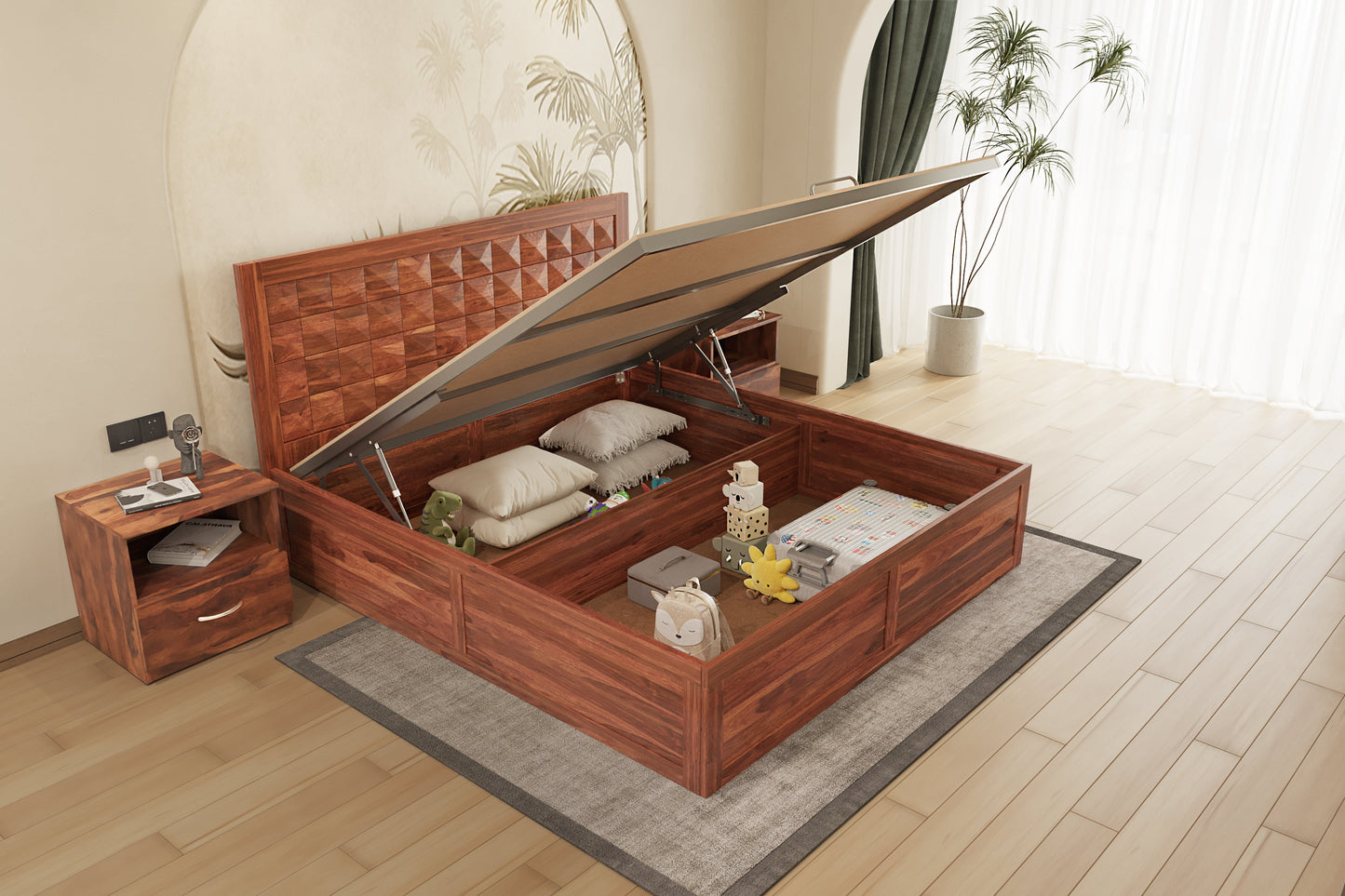 Nova Hydraulic Bed in Sheesham-King Size - Furnishka 