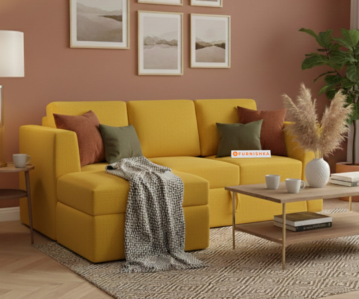 Oliver 2 Seater Sofa cum Bed - LHS Mustard Yellow - Furnishka 