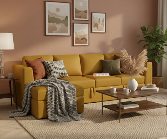 Oliver 3 Seater Sofa cum Bed - LHS  Mustard Yellow - Furnishka 