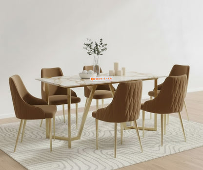 Olzaa 6-Seater Dining Set with ROSALIA GOLD Marble Top and Nyla Chairs - Furnishka 
