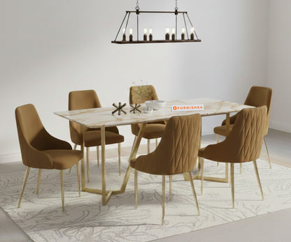 Olzaa 6-Seater Dining Set with ROSALIA GOLD Marble Top and Nyla Chairs - Furnishka 