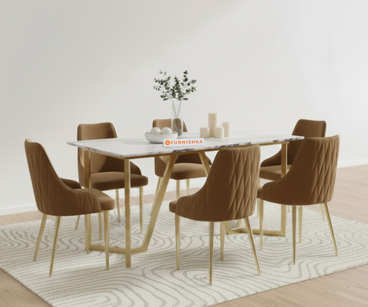 Olzaa 6 Seater Dining Sets with Indian Banswara Marble Top And Nyla Chairs - Furnishka 