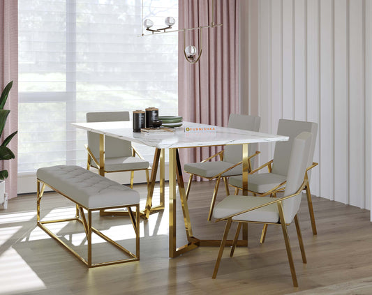 Olzaa 6 Seater Dining Sets with White Engineered Marble Top - Furnishka